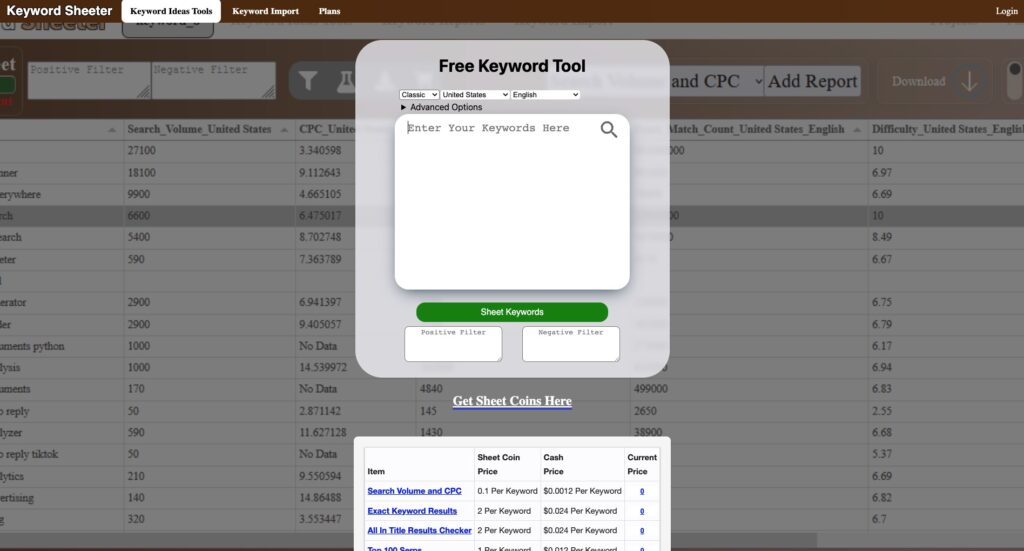 ricerca parole chiave keyword sheeter webalchlab
