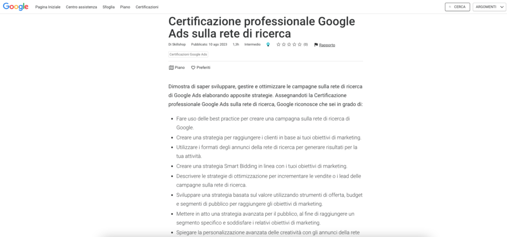 certificazione google ads rete ricerca