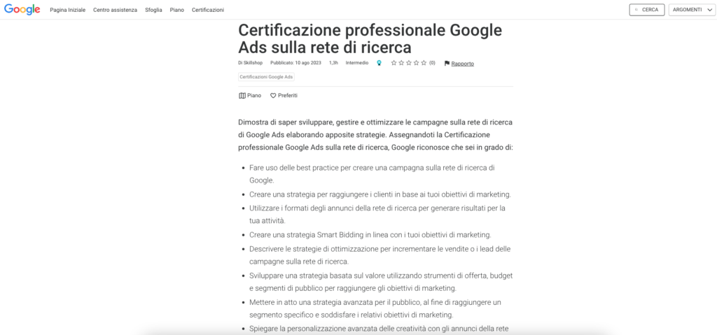 certificazione google ads rete ricerca